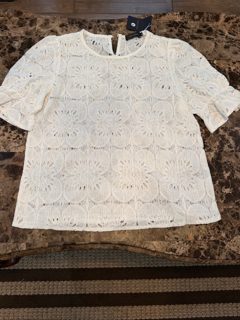 Lush Cream Crochet Short-Sleeve Floral Blouse